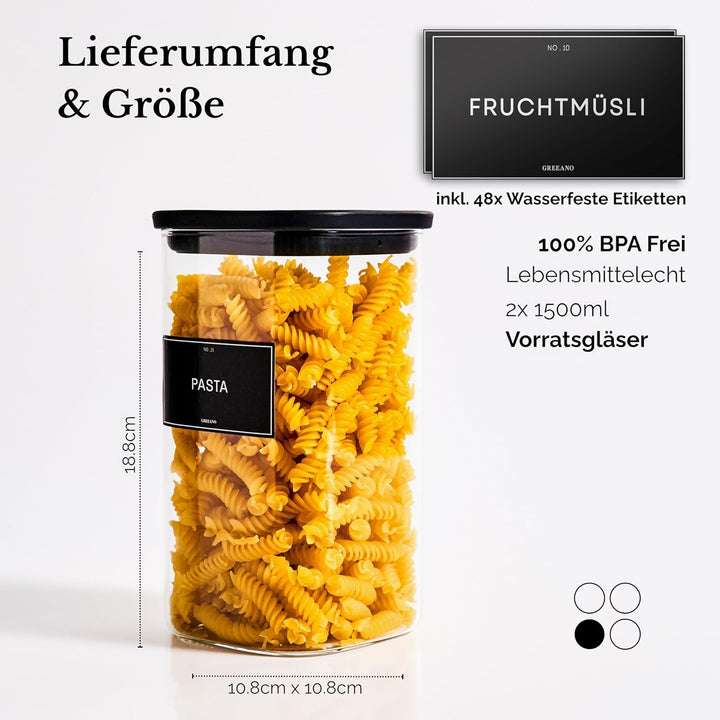Vorratsgläser eckig mit Glasdeckel 1500ml [2er Set] – Vorratsdosen Glas luftdicht & mottensicher – A