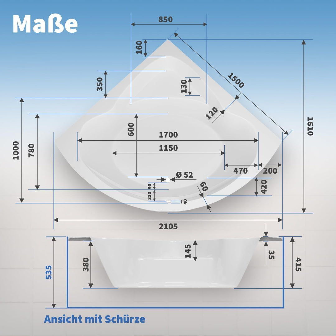 AQUADE Acryl Eckbadewanne 150x150 Modell: Koblenz - Weiss Badewanne Komplettset 150x150 - Badewanne