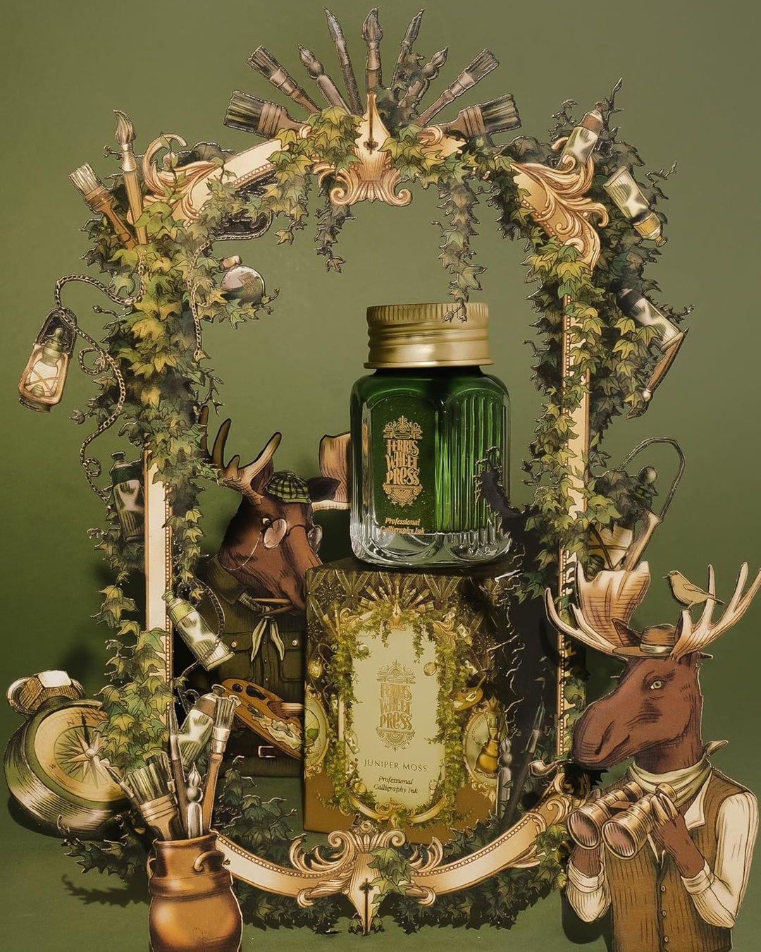 Ferris Wheel Press Calligraphy Ink | Moss green with gold shimmer | 28ml, Moss green with gold shimm