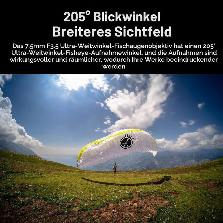 7artisans MF 7,5 mm F3.5 APS-C 205° Ultra Weitwinkel Manuelles Fischaugenobjektiv, kompatibel mit Ca