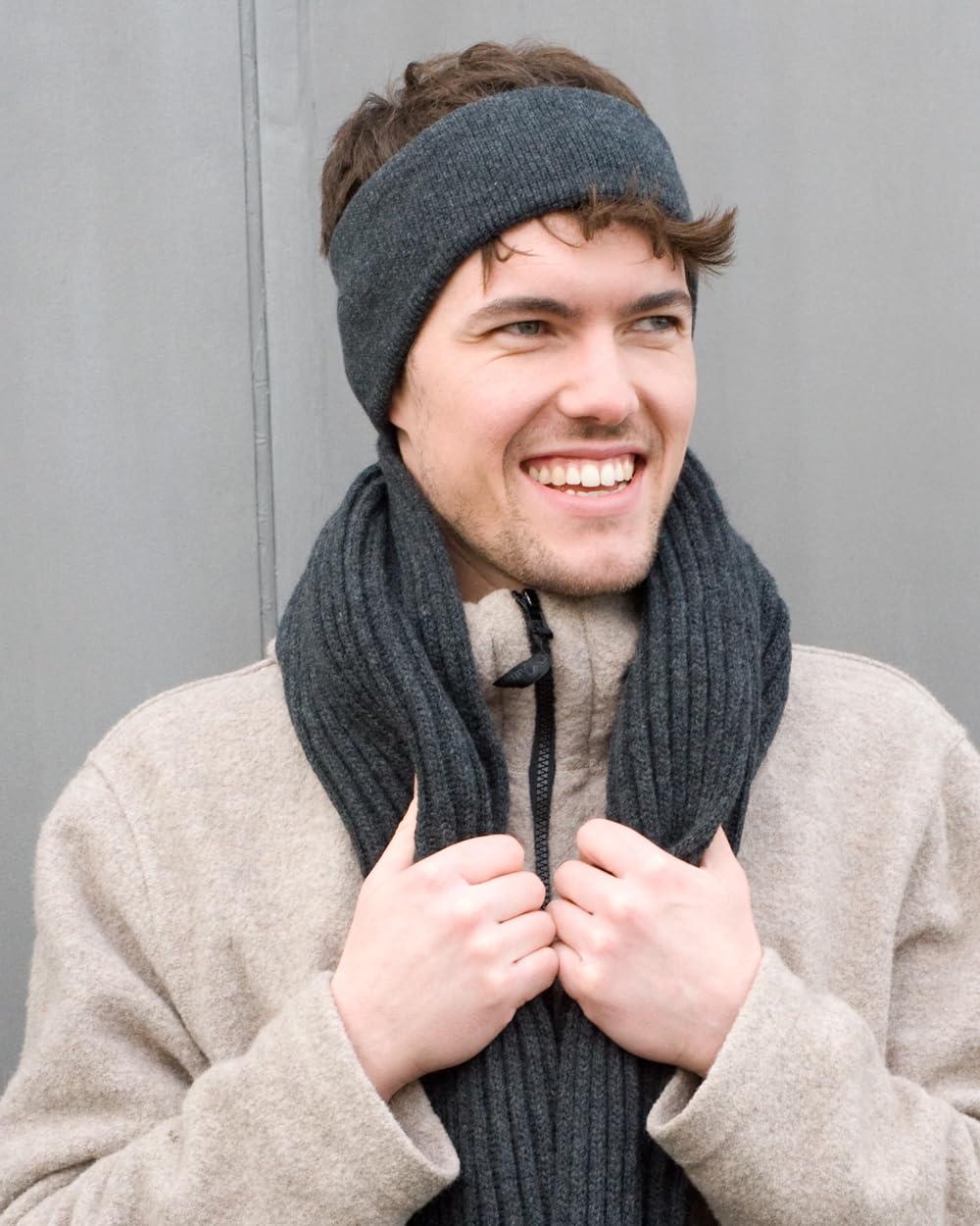 FosterNatur, Merino Stirnband mit Ohr, 100% Wolle (Baumwollfutter) Anthrazit, Anthrazit