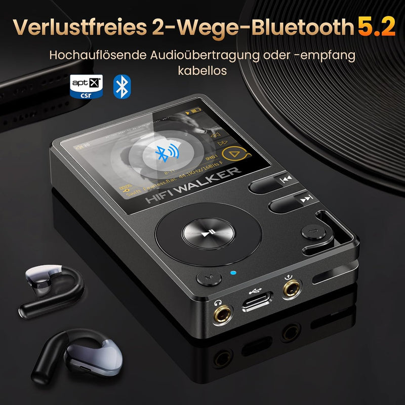 HIFI WALKER H2 MP3 Player mit Bluetooth, DSD DAC Hi-Res FLAC Player Verlustfreier Musikplayer, Tragb