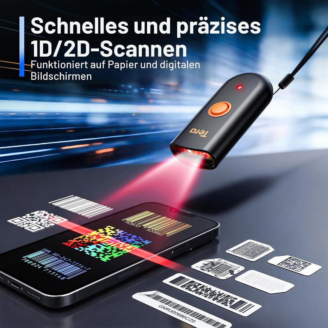 Tera Mini Tragbarer Barcode-Scanner CMOS Barcodescanner 3-in-1 Bluetooth &amp; USB-Kabel &amp; 2,4G Wireless