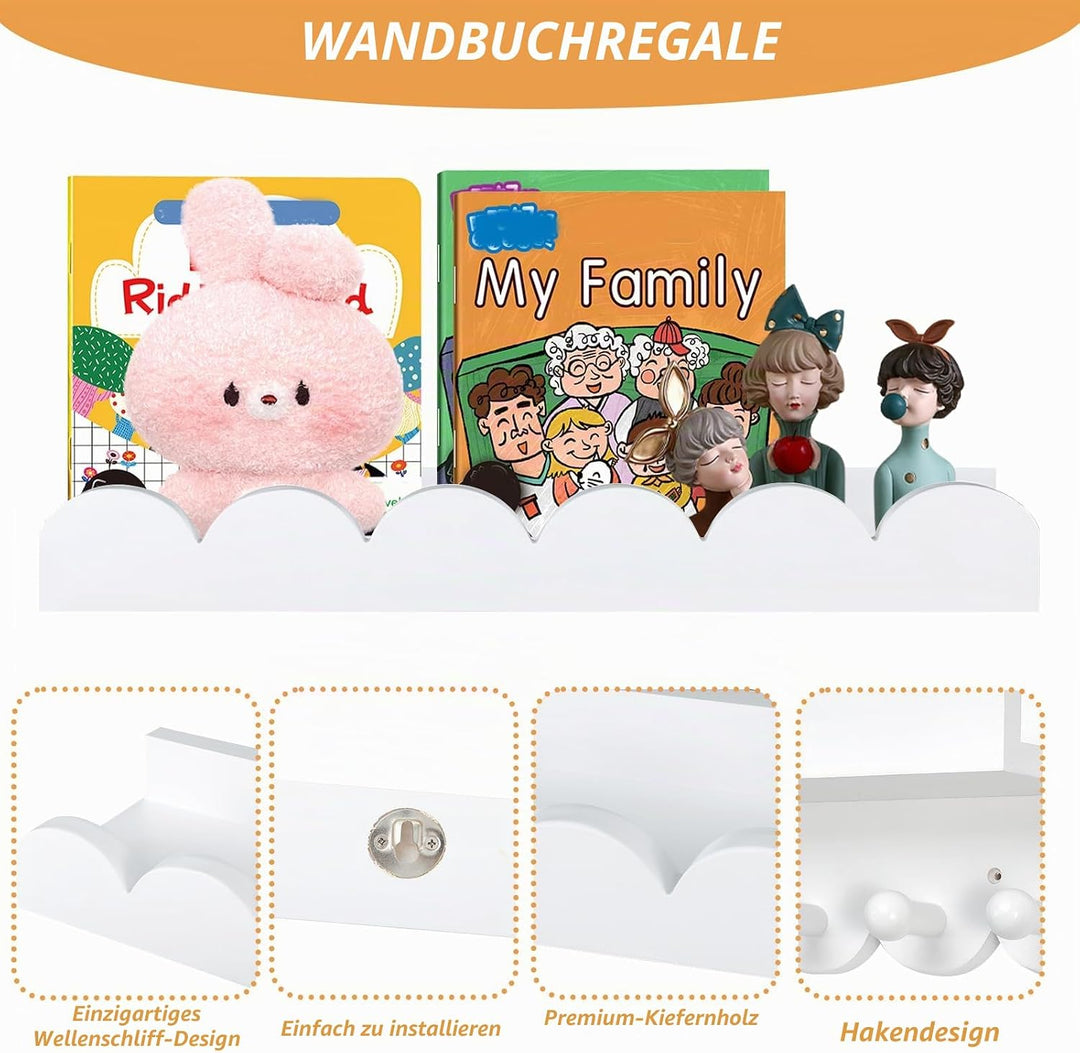 Rainmae Wandregal Kinderzimmermit Holzhaken,Bücherregal Kinder, 40cm 3er-Set, Regal Kinderzimmer ide