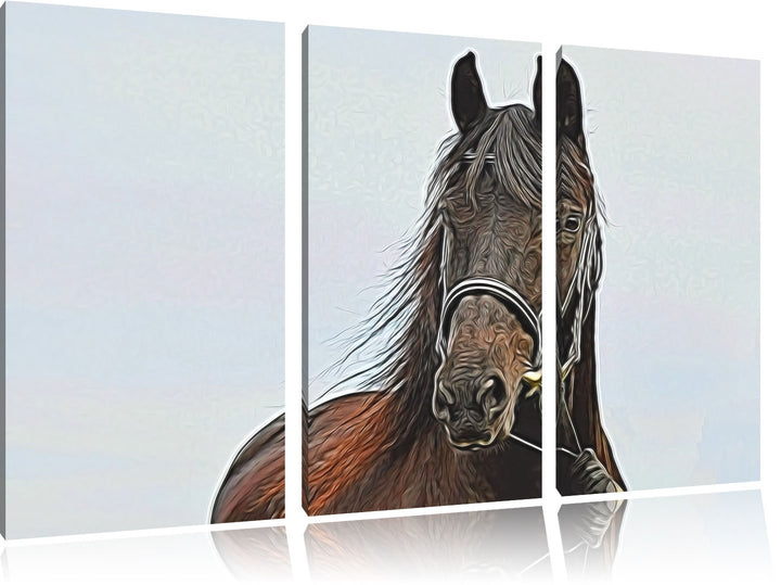 Wilder Hengst 3 Teilig, Gesamtgrösse 120x80 cm auf Leinwand, XXL riesige Bilder fertig gerahmt mit K
