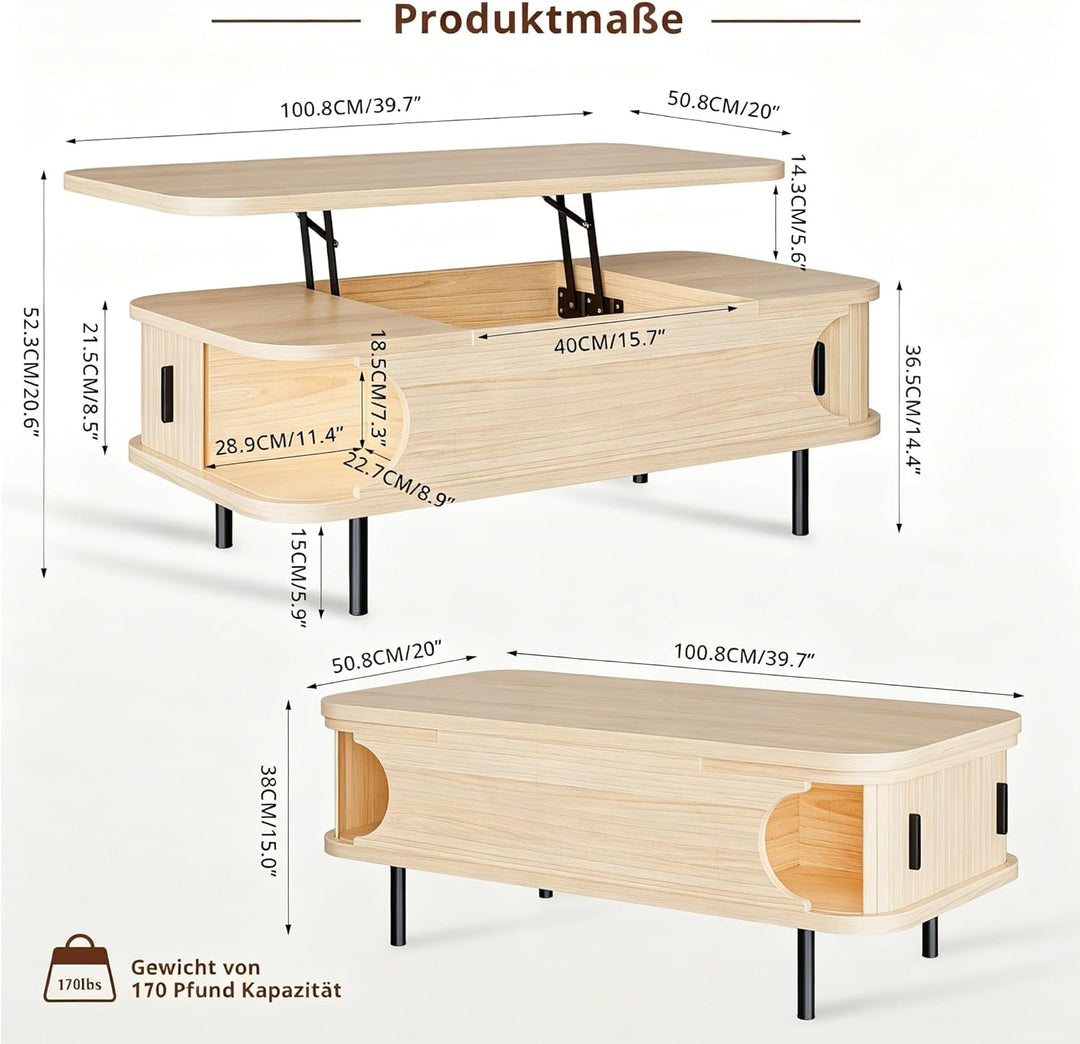 IRONCK Couchtisch höhenverstellbar, Wohnzimmertisch mit Stauraum, Holz Kaffeetisch mit Schiebetüren,