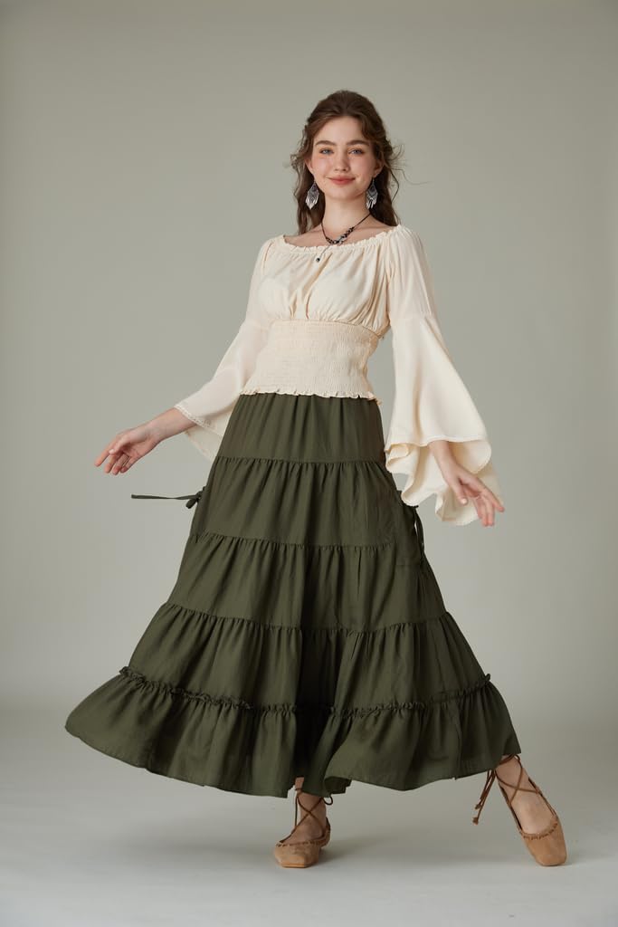 SCARLET DARKNESS Damen Renaissance Trachtenbluse Schulterfrei Gesmokte Mittelalter Shirt L Aprikose,