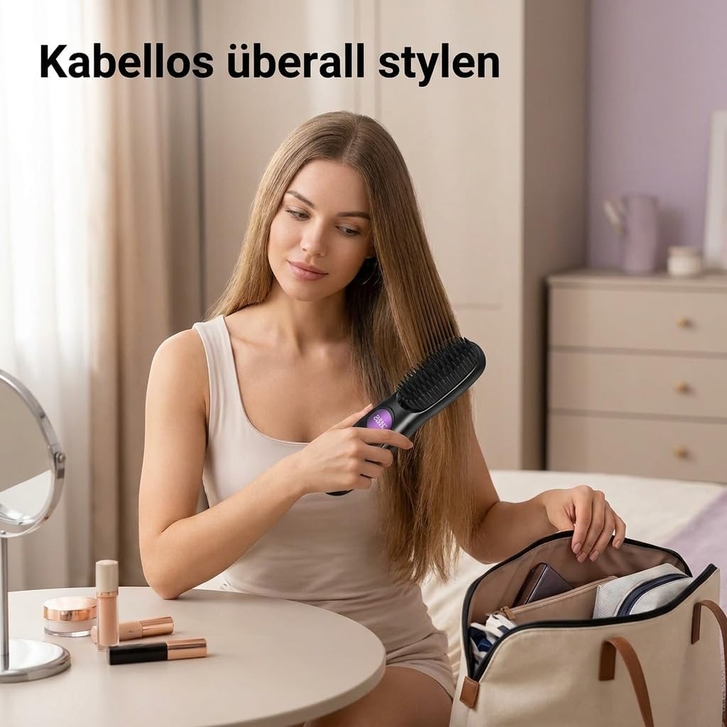 Stylingbürste für Kurze Haare,Glättbürste Kabellos mit LED Anzeige,Glättungskamm verhindert Haarzieh