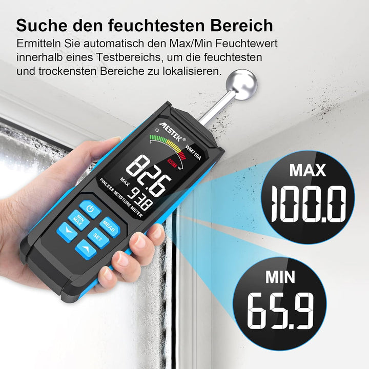 Feuchtigkeitsmessgerät MESTEK Feuchtemessgerät Feuchtigkeitsmesser mit HD-Farb-Grossbild Akustischem
