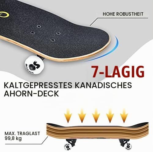 Sefulim 31 x 8 Zoll komplettes Skateboard 7-Schicht kanadischer Ahorn Double Kick Deck Concave Cruis