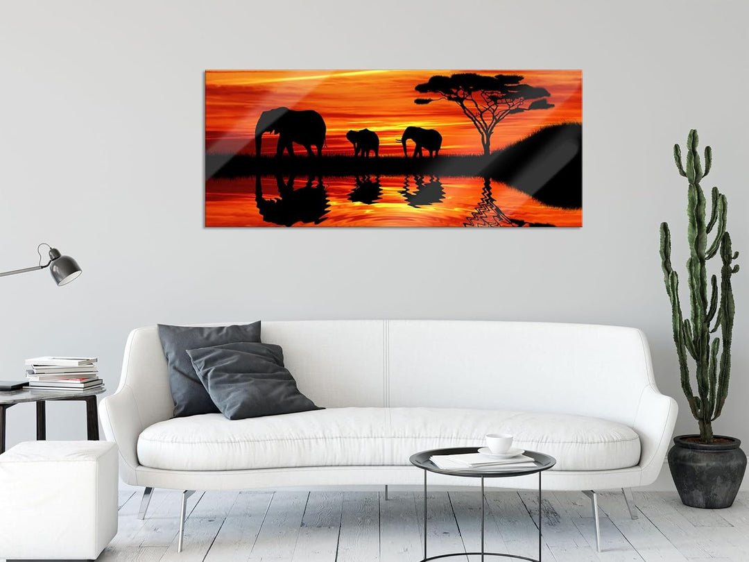 Glasbild Panorama | Wandbild aus Echtglas | Afrika Elefant in Sonnenschein | 120x50 cm | inkl. Aufhä
