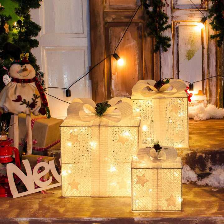 GIGALUMI 3er Set LED Geschenkbox mit Schleife Leuchtend Geschenkeboxen Lichtbox Weihnachts Dekoratio