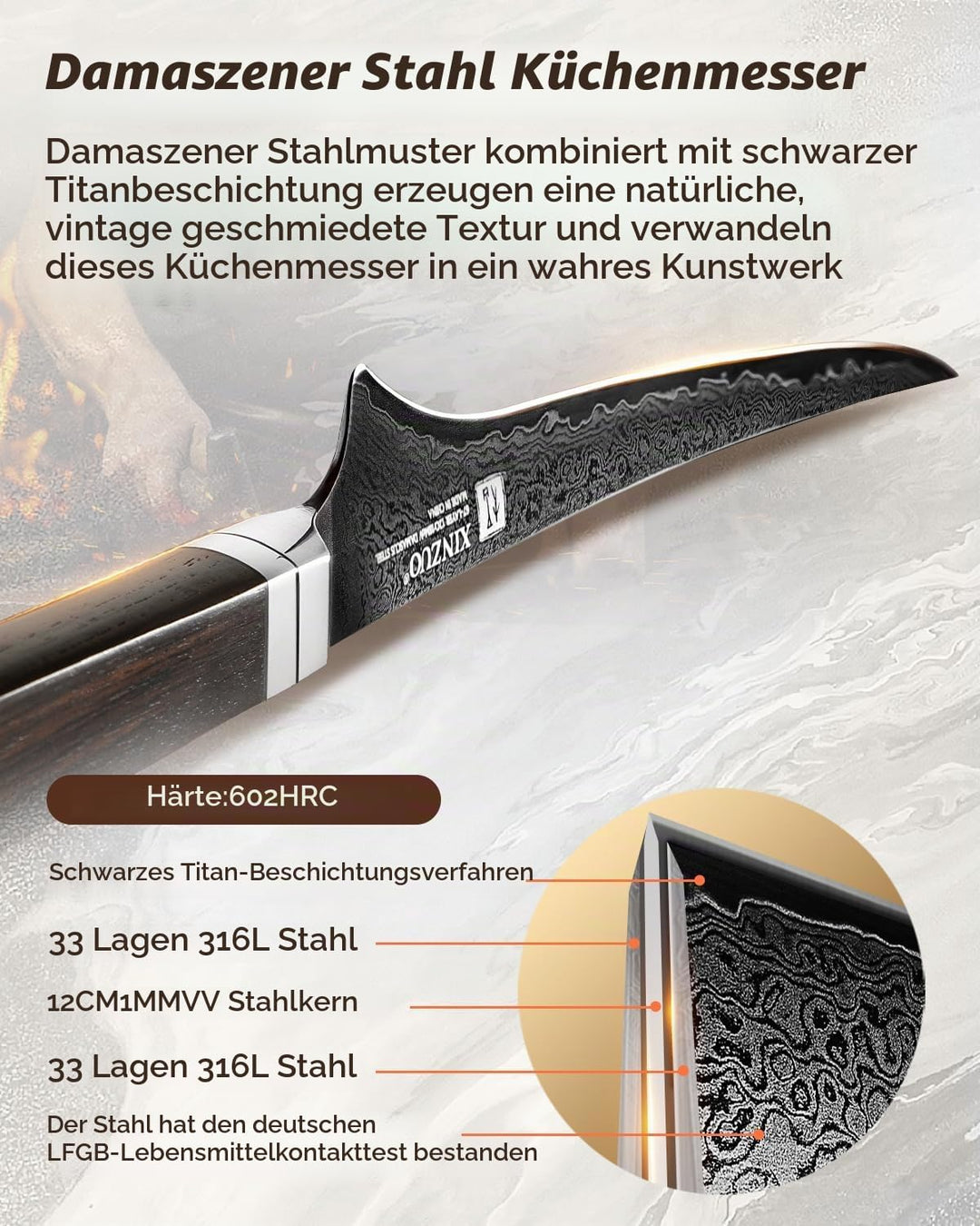 XINZUO 18,4cm Damaststahl Filetiermesser-Schwarze Klinge -67 Schichten Damastmesser Fischmesser Prof