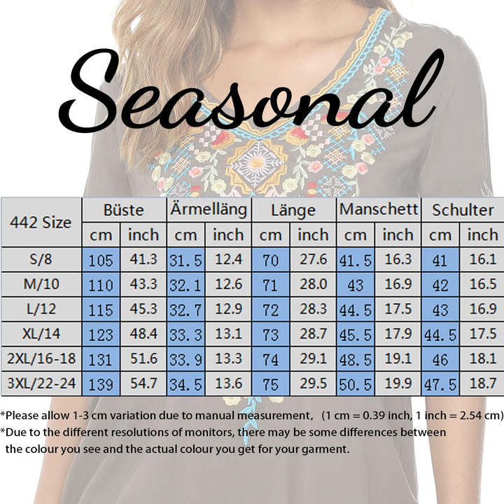 Seasonal Tunika Damen Sommer Boho Folklore Bluse mit Stickerei Oberteil Hippie Trachten Kurzarm Klei