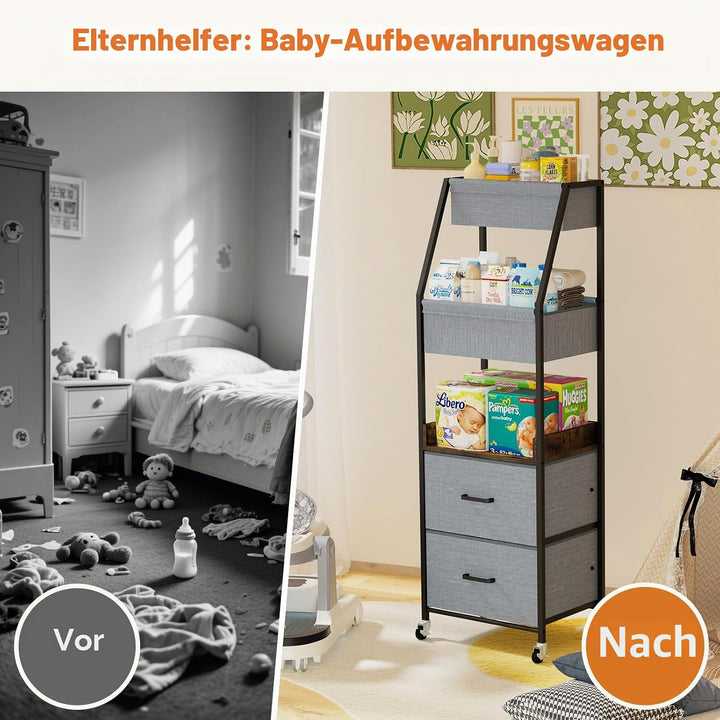 Windel-Organizer mit 5 Ebenen, Baby-Windelwagen mit Trennwänden &amp; Schubladen – Grosse Rollbarer Aufb