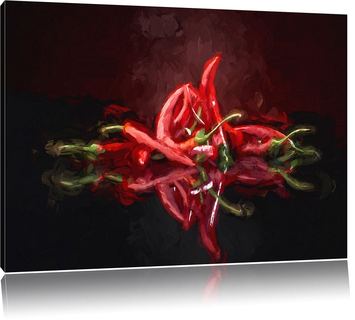 Pixxprint Feurige rote Chili-Choten Kunst Pinsel Effekt, Format: 100x70 auf Leinwand, 100x70