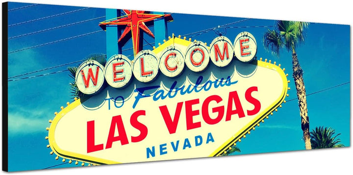 Panoramabild auf Leinwand und Keilrahmen 150x50cm Las Vegas Schild Reklame Himmel Palmen