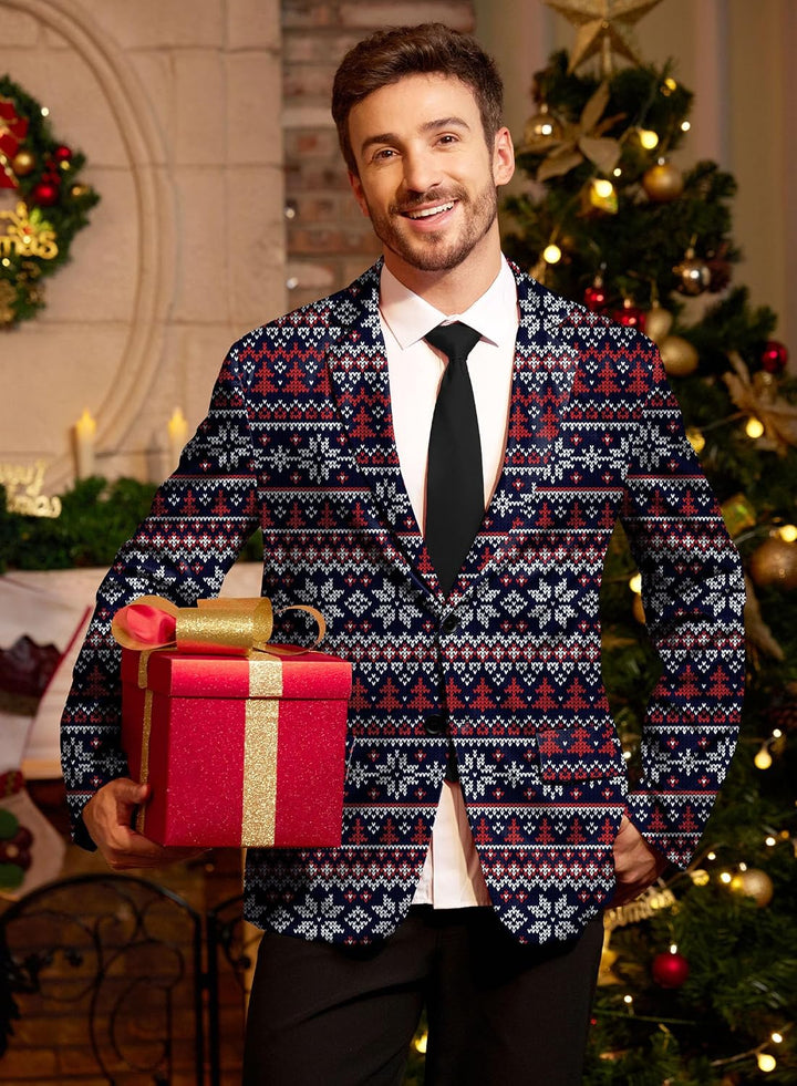 BesserBay Herren Weihnachtsblazer Bedruckte Langarm Anzugjacke Xmas Kostüm Blazer Slim Fit Blazer Fr