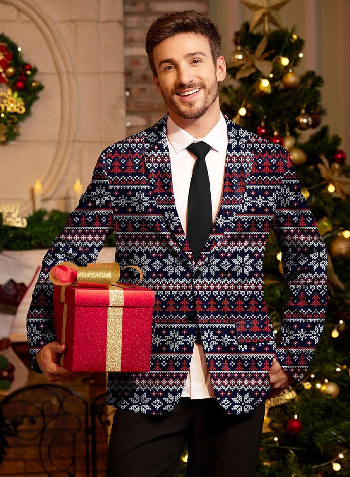 BesserBay Herren Weihnachtsblazer Bedruckte Langarm Anzugjacke Xmas Kostüm Blazer Slim Fit Blazer Fr