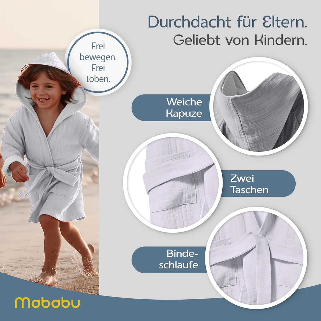 Bademantel Kinder mit Kapuze | 100% Bio-Baumwolle GOTS Zertifiziert | Premium Musselin Kinderbademan