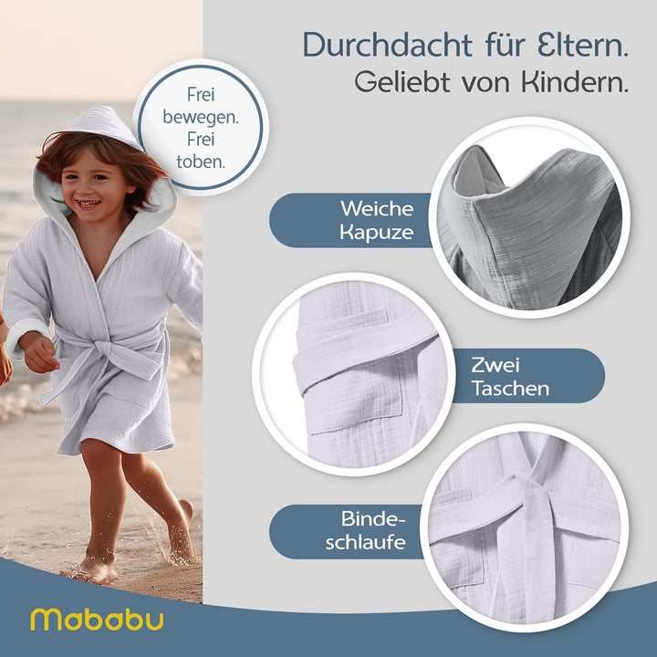 Bademantel Kinder mit Kapuze | 100% Bio-Baumwolle GOTS Zertifiziert | Premium Musselin Kinderbademan