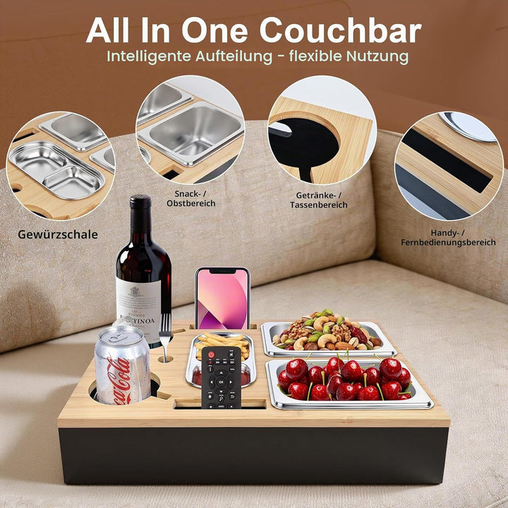 Couchbar Snackbox,Organizer Sofa Tablett,mit 3 Snackschalen,Getränkehalter Flaschenhalter, Abnehmbar