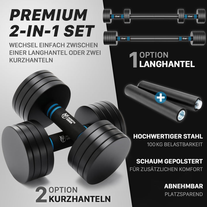 Northdeer 2in1 Set Verstellbar Stahl Kurzhanteln Langhanteln 10kg 2er Set - Ultrakompakte Gewichte 2
