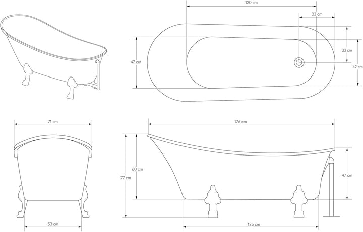 Freistehende Badewanne PARIS Acryl - 176 x 71 cm - Schwarz glänzend - Metallfüsse & Standarmatur wäh