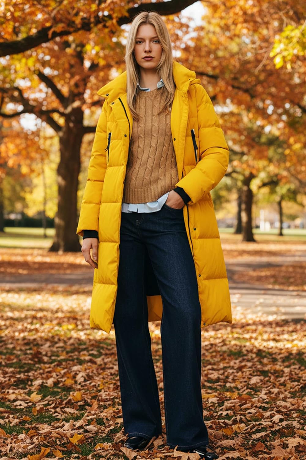 Orolay Damen Verdickte Daunenjacke Langer Wintermantel Mit Kapuze Pufferjacke Gelb M, Gelb M