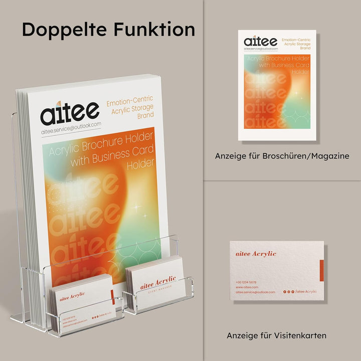 AITEE DIN A4 Tisch-Prospektständer: 2 Stück Acryl Transparenter Flyerständer mit Visitenkartenhalter