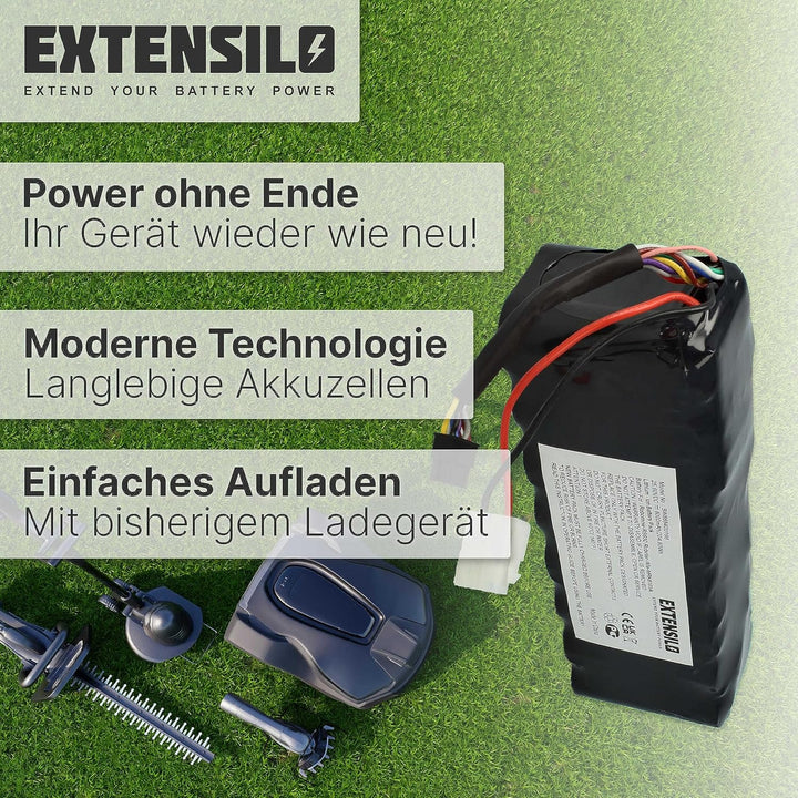 EXTENSILO Akku Ersatz für BAT6000A, BAT6000C, BAT6001B, MRK6103A, MRK6105A für Rasenroboter Rasenmäh