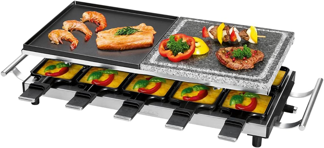 ProfiCook PC-RG 1144 Raclette/Tischgrill mit Naturgrillstein und Wendegussplatte, 10 Pfännchen, 10 H