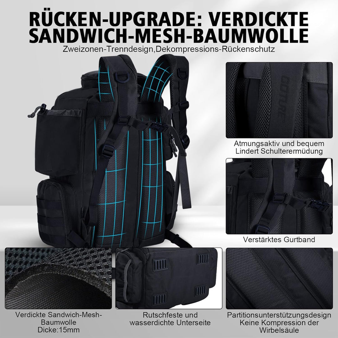 Goture Angelrucksack mit 4 Köderbox Angeln, 45-Liter Angelzubehör-Rucksack mit Zwei Rutenhaltern und