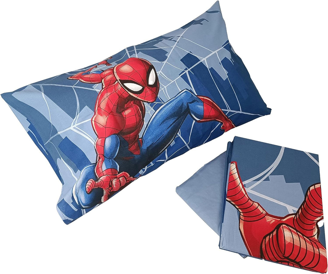 Spiderman, Bettlaken für Einzelbett, Spannbettlaken, Kissenbezug, Blau, Marvel, Disney, 100% Baumwol