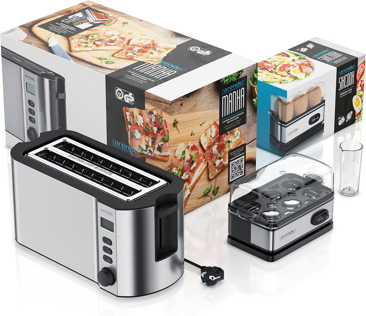 Arendo - SET Toaster MANHA mit Eierkocher SIXCOOK Edelstahl Silber, Toaster 4 Scheiben LED-Display 6