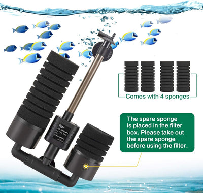 AQQA Aquarium Schwammfilter,3/5W Elektrischer Aquarium Filter,Leiser Tauchschaum Doppelschwammfilter