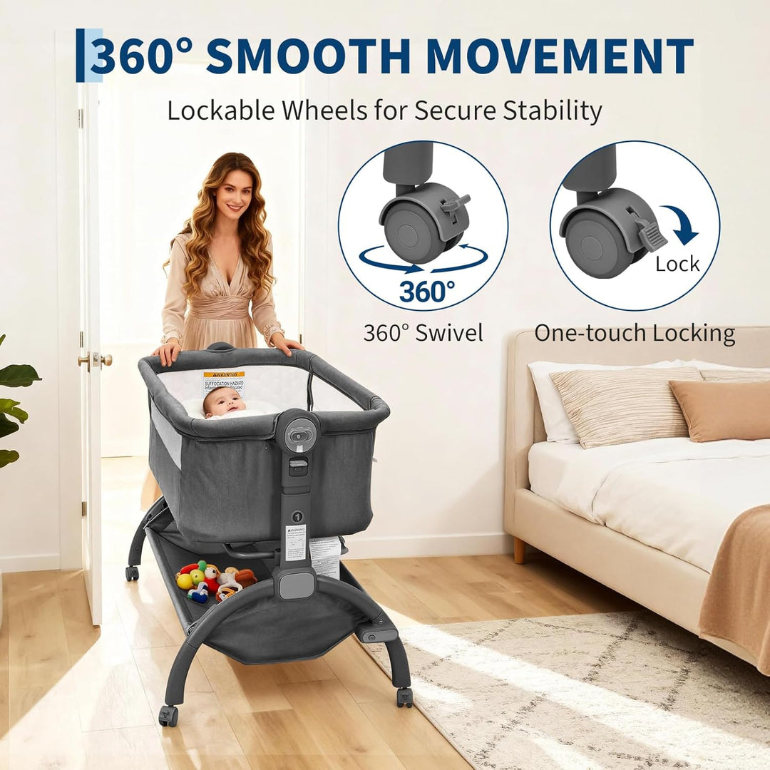 GarveeTech Beistellbett Baby höhenverstellbar mit Matratze, Mesh-Seiten, Wiegefunktion, Rollen mit B