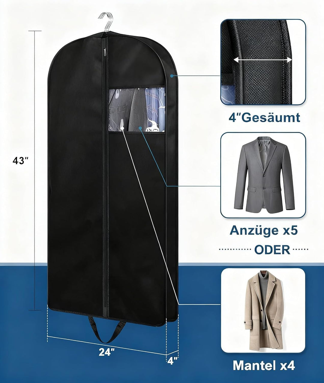MISSLO 3 Stück Hängende Kleidersack für Aufbewahrung und Reisen 109 x 60 cm Reissverschluss Anzugtas
