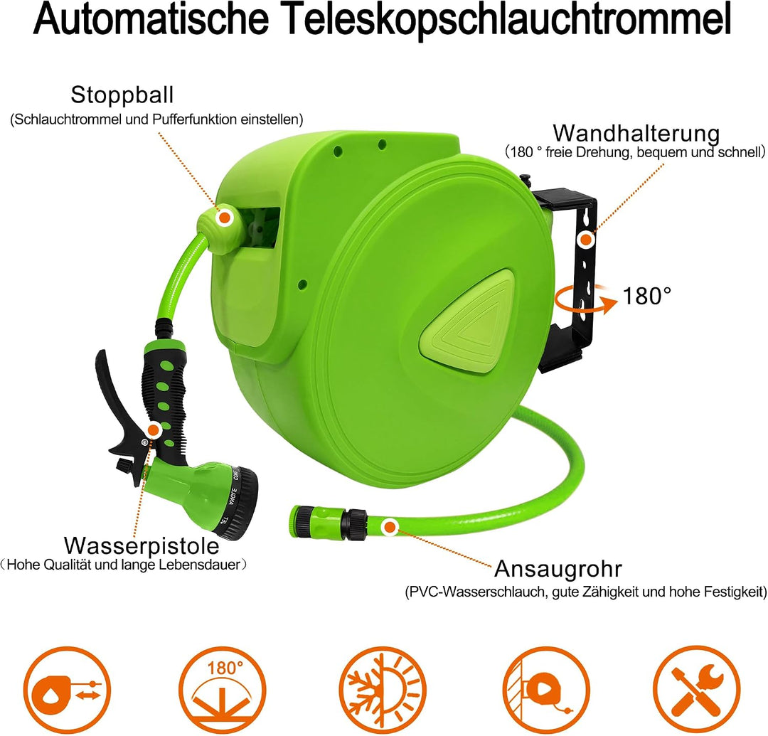 Wand-Schlauchbox 30m – Gartenschlauch Aufroller mit 9 Sprühfunktionen, Wandhalterung 180° drehbar, P