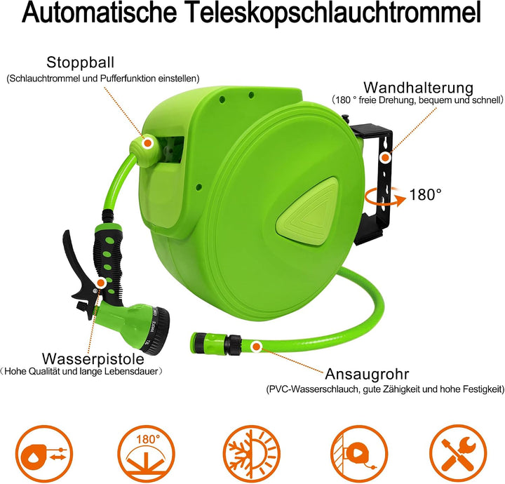 Wand-Schlauchbox 30m – Gartenschlauch Aufroller mit 9 Sprühfunktionen, Wandhalterung 180° drehbar, P