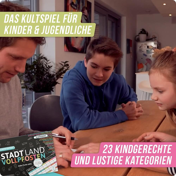 DENKRIESEN Stadt Land VOLLPFOSTEN - JUNIOR-Duo - Das Kartenspiel und der Spielblock - Junior Edition