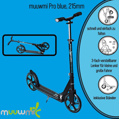 muuwmi Aluminium Scooter Pro – Tretroller, 215 mm, ABEC 7, für Kinder und Erwachsene, GS-geprüft, hö