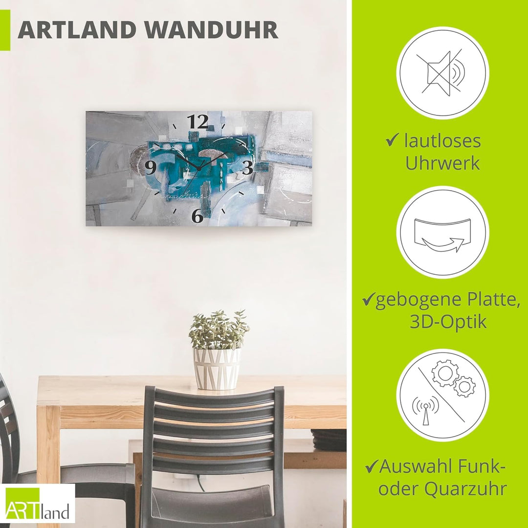 ARTLAND Wanduhr ohne Tickgeräusche Alu Quarzuhr lautlos 60x30 cm Rechteckig Abstrakte Bilder Modern
