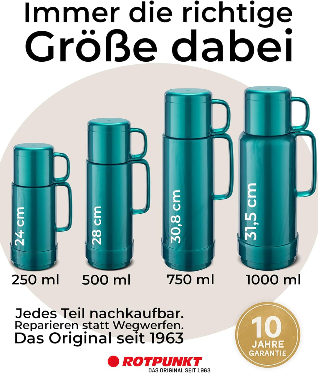 ROTPUNKT Isolierflasche 1 Liter mit integriertem Becher - Hochwertige Isolierkanne Made in Germany I