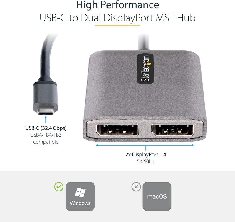 StarTech.com USB-C auf Dual DisplayPort 1.4 Adapter, USB-C Multi-Monitor MST Hub, Dual 5K 60Hz DP La