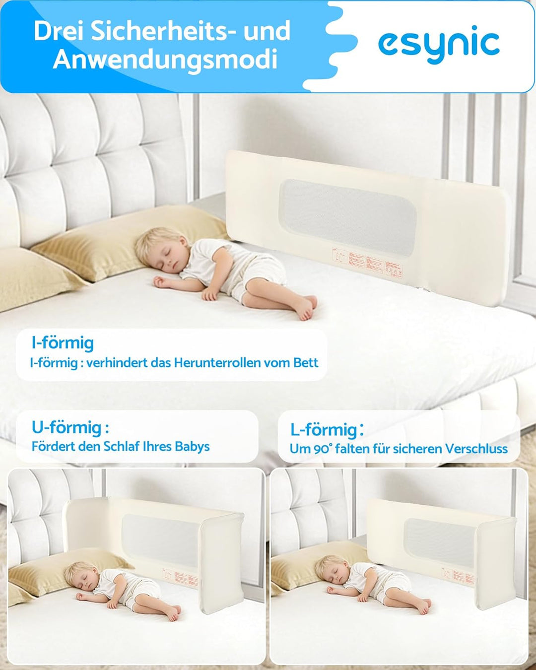 eSynic Tragbares Bettschutzgitter 150 cm Cremeweiss Bettgitter Mobiler Rausfallschutz für Kinder & K