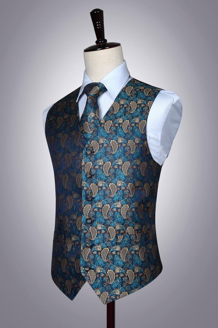 HISDERN Herren FLoral Hochzeit Weste Krawatte Einstecktuch Taschentuch Jacquard Weste Anzug Set XXL
