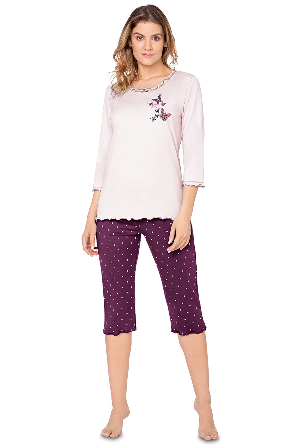 e.Femme® Damen Schlafanzug 259 aus Baumwolle und Modal 36 Rosa/Bordeaux, 36 Rosa/Bordeaux