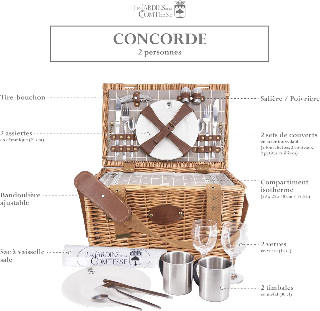 Les Jardins de la Comtesse - Picknickkorb aus Weidengeflecht Concorde - für 2 Personen, Kühlbox, Tel