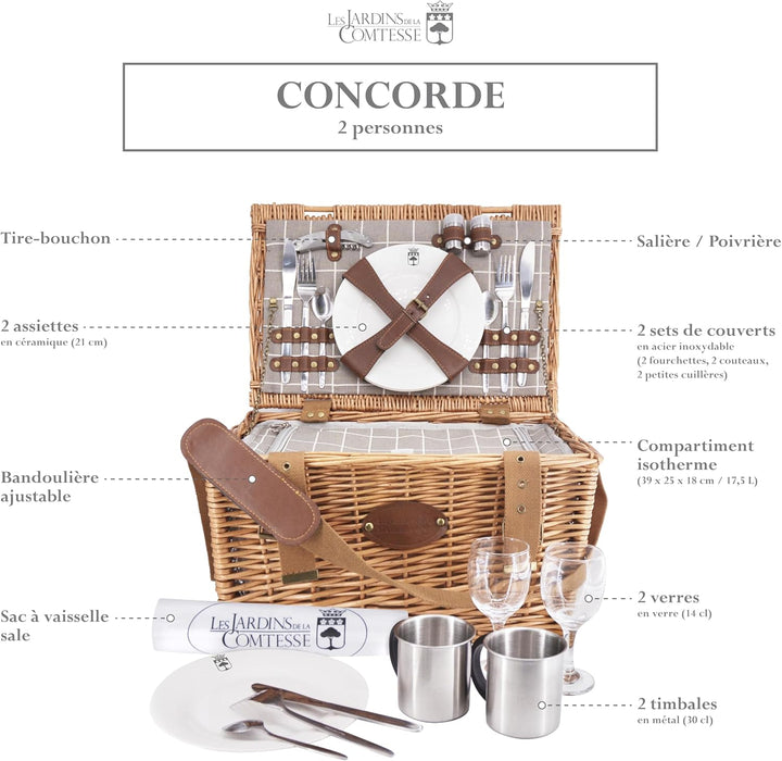 Les Jardins de la Comtesse - Picknickkorb aus Weidengeflecht Concorde - für 2 Personen, Kühlbox, Tel